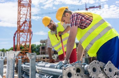Zwei Bauarbeiter in Warnwesten und Schutzhelmen, die auf einer Baustelle Metallteile vorbereiten.