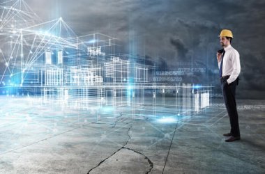 Ein Architekt blickt auf eine futuristische, digital projizierte Gebäude-Gitterstruktur.