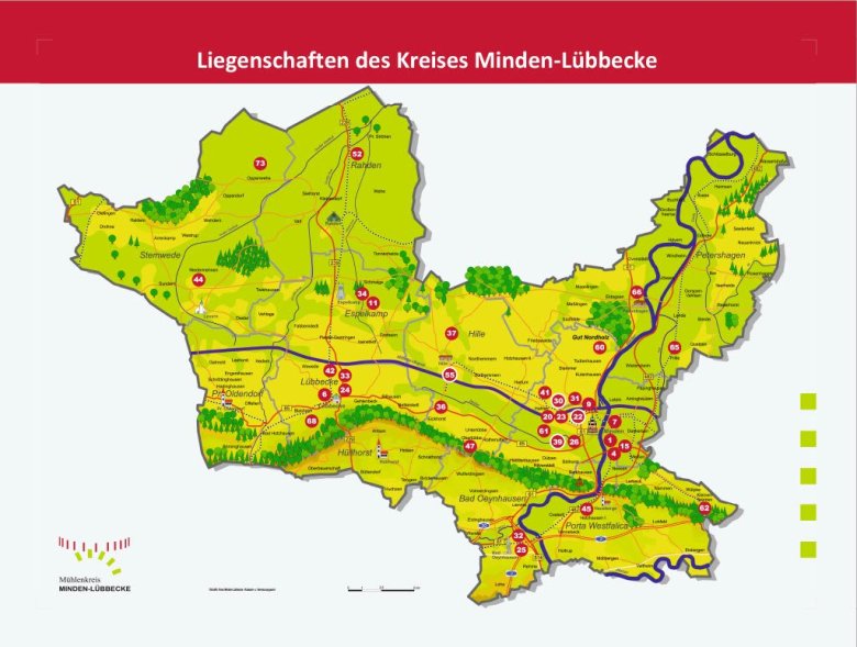 Karte der kreiseigenen Liegenschaften Karte des Kreises Minden-Lübbecke mit Markierungen der Standorte der kreiseigenen Liegenschaften.
