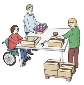 Behinderte Menschen im Beruf Links ein Mensch in einem Rollstuhl, arbeitet an einem Tisch mit anderen