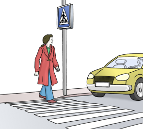 Straßenverkehrssamt Mensch überquert eine Straße, Auto hält an