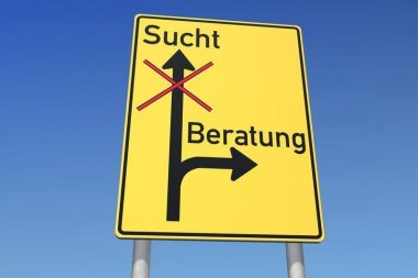 Beratung statt Sucht Ein Straßenschild auf dem der Weg in die Sucht durchgestrichen und nur der Weg zur Beratung frei ist.