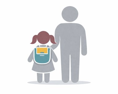53_3_Einschulungsuntersuchung Ein Männchen führt ein Kinder-Männchen mit Ranzen.