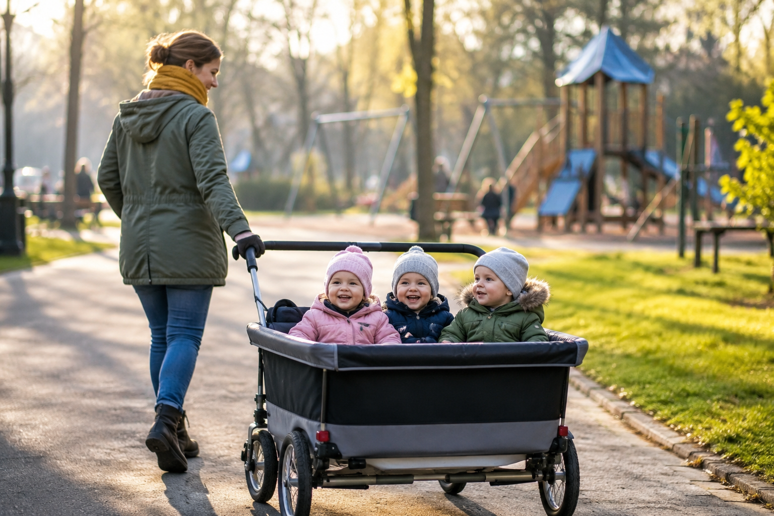 Tagesmutter mit Kindern in einem Wagen zum Ziehen Tagesmutter mit Kindern