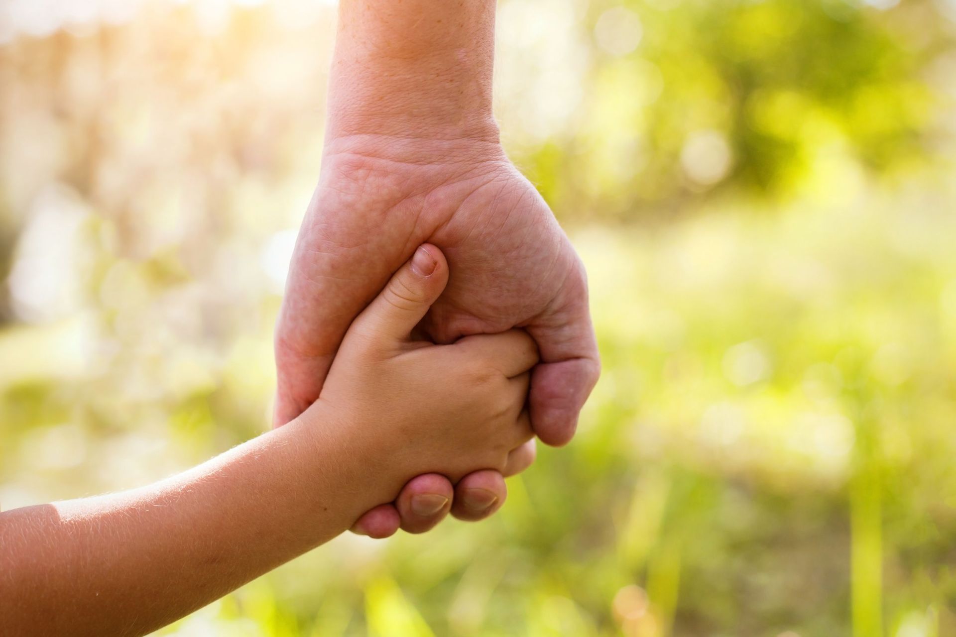 Eine Erwachsene Hand hält eine Kinderhand Eine Erwachsene Hand hält eine Kinderhand
