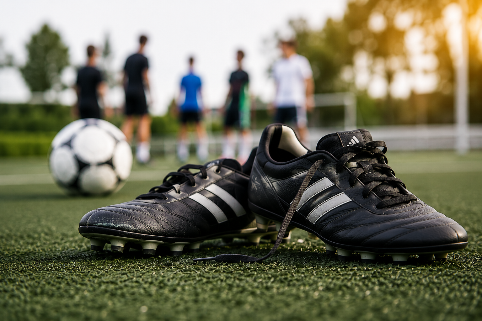 Sport Fußballschuhe und Fußball auf einer Wiese