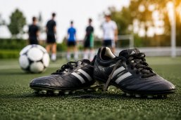Fußballschuhe und Fußball auf einer Wiese