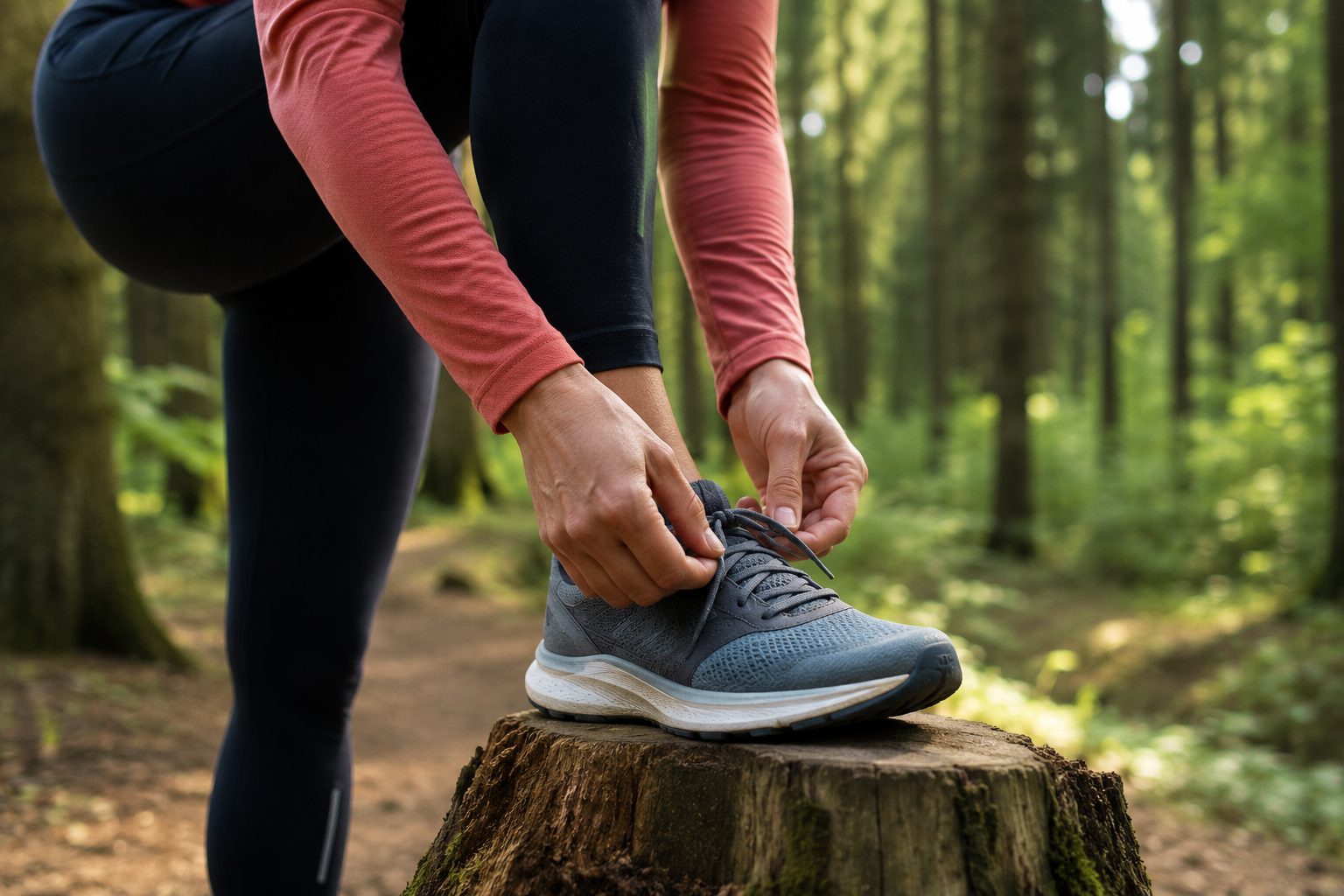 Eine Person schnürt sich den Sportschuh zu Eine Person schnürt sich den Sportschuh zu