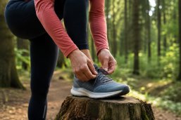 Eine Person schnürt sich den Sportschuh zu
