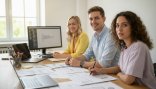 Drei Junge Menschen sitzen gemeinsam am Schreibtisch und Arbeiten am Computer