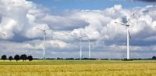 Einige Windräder im Hintergrund auf einem Feld, bewölkter Himmel