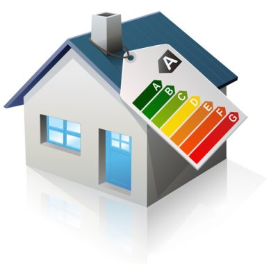 Energieberatung Haus Abbildung eines Einfamilienhauses, an dem ein Energielabel Schild hängt und die Klasse A für das Gebäude anzeigt.