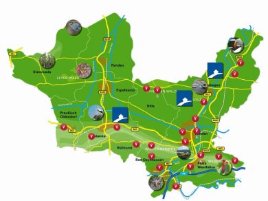 Übersichtskarte Naturerlebnisse Kreis Minden-Lübbecke Geographische Karte vom Kreis Minden-Lübbecke, auf der verschiedene Naturerlebnisse markiert sind.