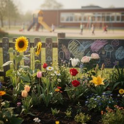 Inklusion Blumenwiese vor einem Zaun mit einer bunt bemalten Tafel