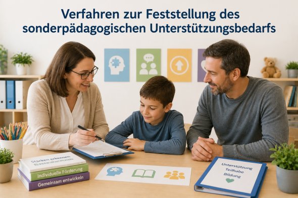 Frau und Mann sitzen neben einem Schüler am Schreibtisch