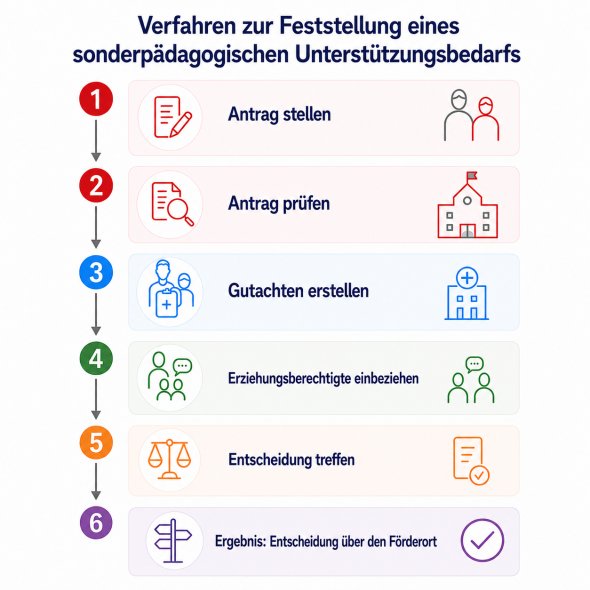 Grafische Darstellung des Verfahrensablaufes zur Feststellung eines sonderpädagogischen Unterstützungsbedarfs mit stichpunktartigen Erläuterungen