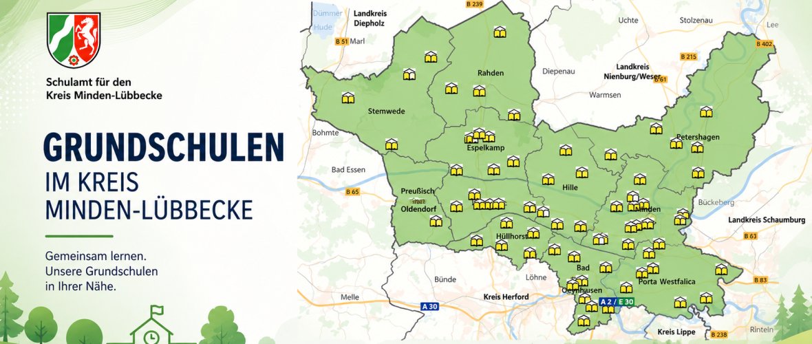 Karte mit Standorten der Grundschulen im Kreis Minden-Lübbecke