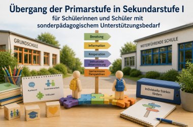 Zwei Holzfiguren stehen vor einem Wegweiser. Der Wegweiser mit fünf Hinweisschildern zeigt von einem Grundschulgebäude auf ein Gebäude einer weiterführenden Schule. Auf den Hinweisschildern stehen die Worte "Beratung", Information", "Kooperation", "Individuelle Unterstützung" und "Gemeinsame Perspektiven".