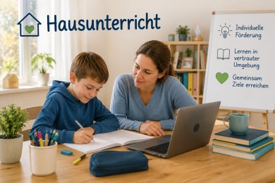 Hausunterricht Schüler mit Lehrerin am Schreibtisch