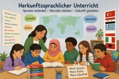 Herkunftssprachlicher Unterricht Illustration einer vielfältigen Schüler*innengruppe mit einer Lehrerin