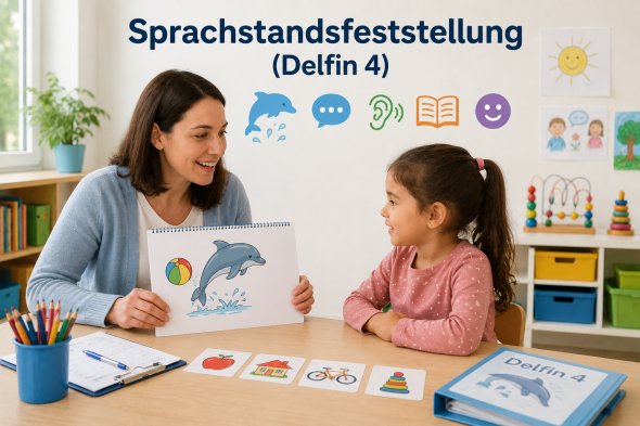 Sprachstandsfeststellung Schülerin mit Lehrerin am Schreibtisch, Lehrerin hält Blatt mit einer Abbildung eines Delfins