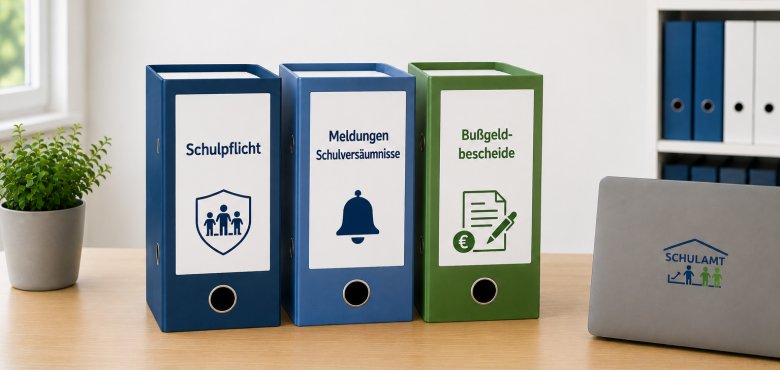 Überwachung der Schulpflicht Zu sehen sind drei nebeneinander stehende Ordner mit den Beschriftungen "Schulpflicht", "Meldungen Schulversäumnisse" und "Bußgeldbescheide".