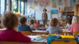 Schulaufsicht Blick von hinten in eine Schulklasse. Eine Lehrerin steht vorne vor der Klasse.
