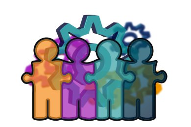 Menschliche Figuren sind als Puzzleteile miteinander verbunden. Im Hintergrund sind Zahnräder.