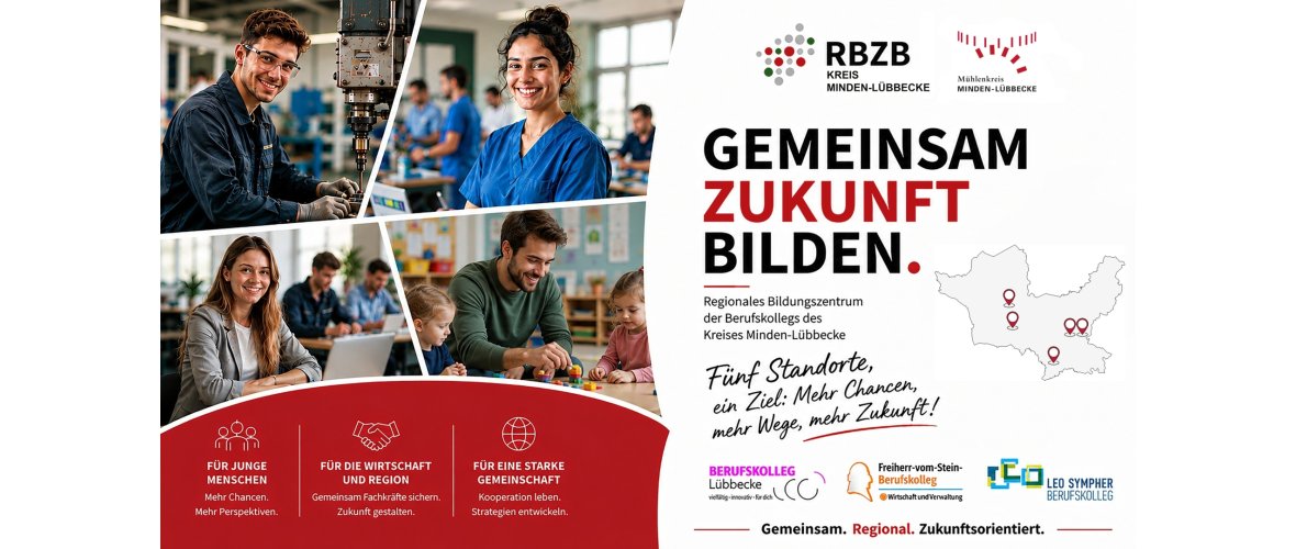 Gemeinsam Zukunft bilden Vier Bilder zeigen Menschen in unterschiedlichen Zusammenhängen: im Klassenzimmer, an einer Maschine, im medizinischen Bereich und bei der Kinderbetreuung.