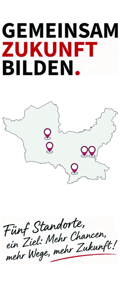 Regionales Bildungszentrum der Berufskollegs Kreis Minden-Lübbecke Karte mit den fünf Standorten der Berufskollegs. Darüber der Schriftzug "Gemeinsam Zukunft bilden" und darunter der Schriftzug "Fünf Standorte, ein Ziel: Mehr Chancen, mehr Wege, mehr Zukunft!".
