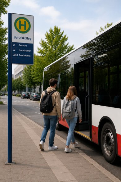 Junge Fahrgäste steigen in einen Bus