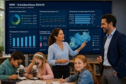 Bildungsmonitoring Eine Frau und ein Mann stehen vor Grafiken und Diagrammen. Im Vordergrund sitzen Kinder. Zwei der Kinder schauen durch ein Mikroskop.